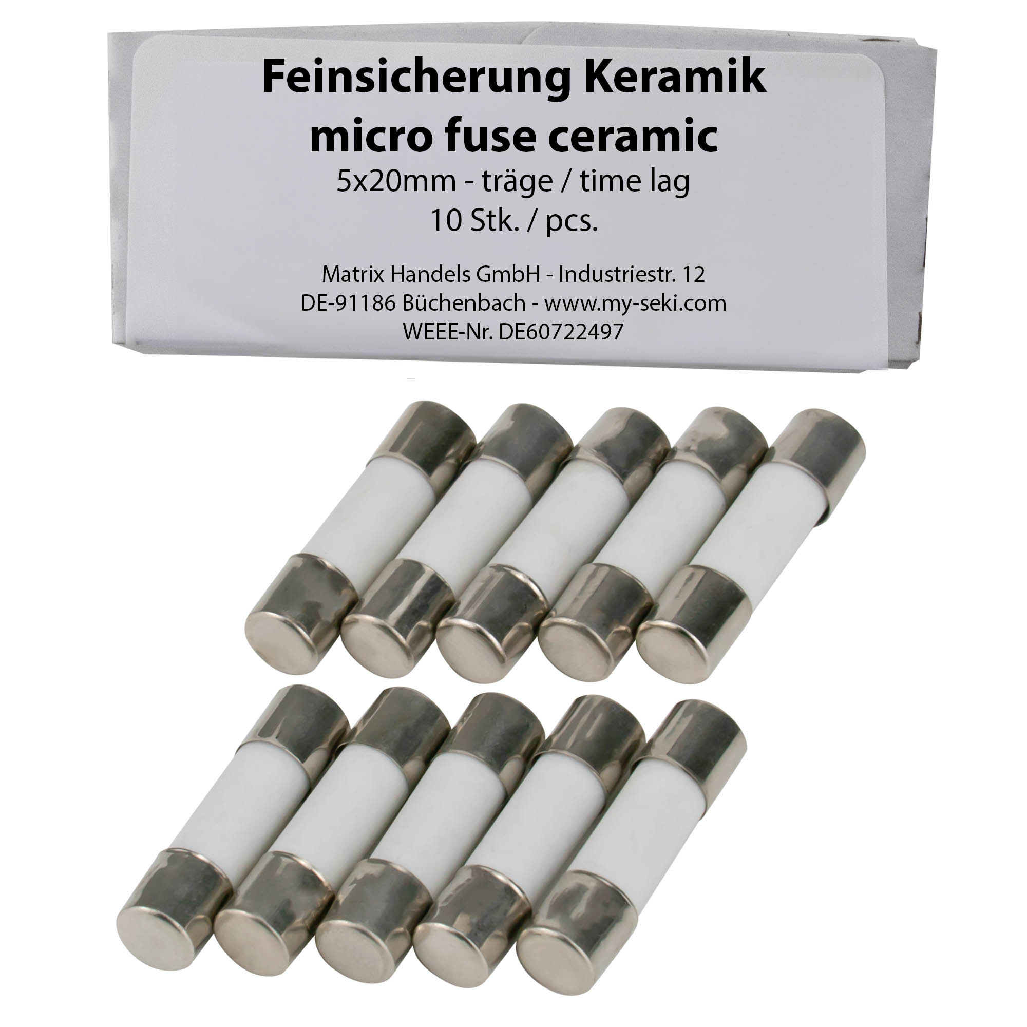 SeKi Keramiksicherung Träge 10 Stück SeKi Feinsicherungen 5A, 5x20